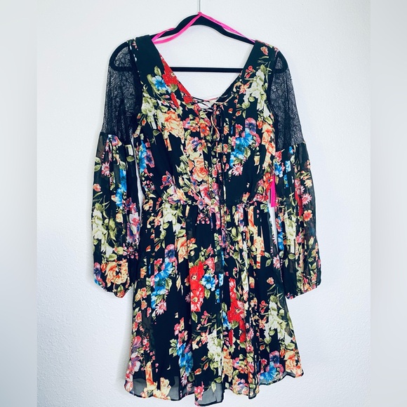 Betsey Johnson NEW Floral Tie Front Lace Peasant Sleeves Chiffon Mini Dress 2 - Picture 1 of 10